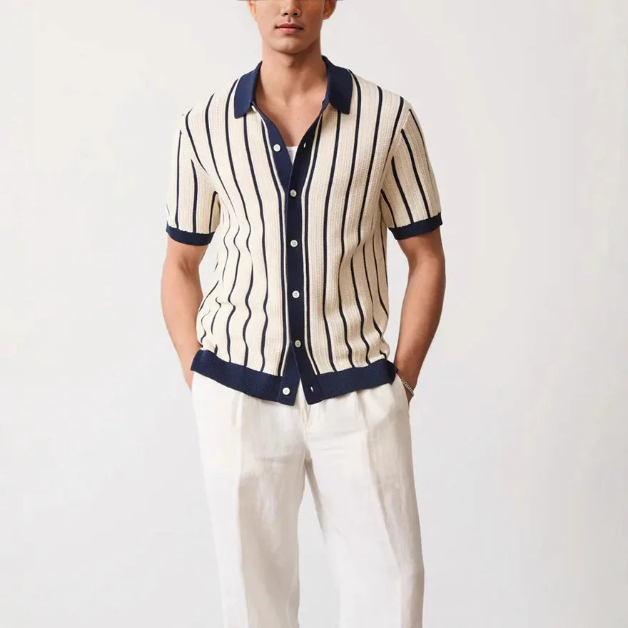 Threebooy New Summer Men's Striped Knit Polo Shirts Fashion Patchwork Short Sleeve Turn Down Collar Smart Casual Polos Men Knitted Tops