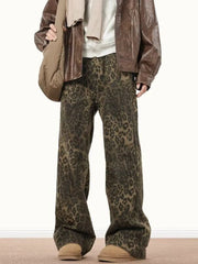 Threebooy  Y2k Animal Leopard Print Baggy Jeans Men Streetwear Vintage Wide Leg Flared Denim Pants Hip Hop Techwear Straight Long Trousers