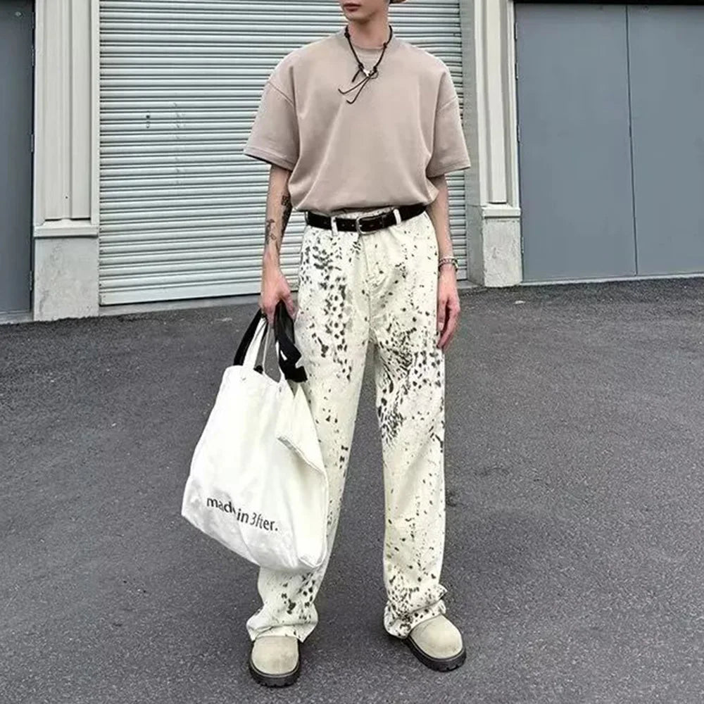 Threebooy Y2K Mens Pants Leopard Print Contrasting Casual Wide Leg Jeans Summer High Street Washed Straight Leg Pants Men's Clothing