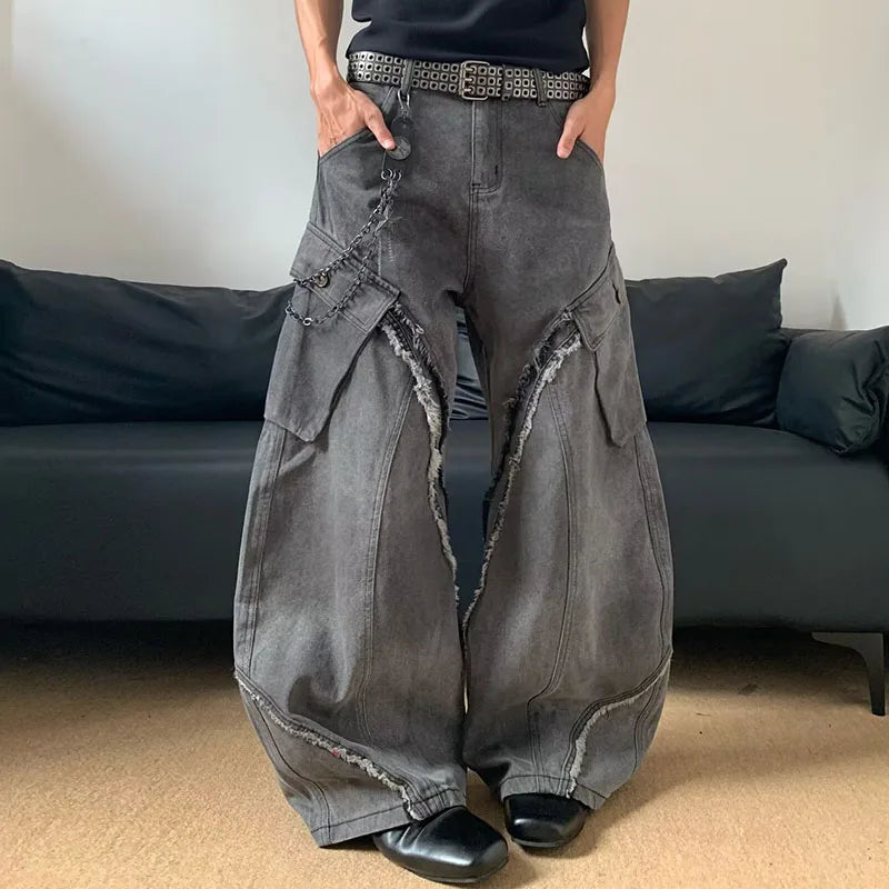 Threebooy Autumn/Winter Korean Vintage Splicing Hairy Zipper Micro Horn Jeans Men's Loose Straight Leg Pants Fashion High Street Jeans