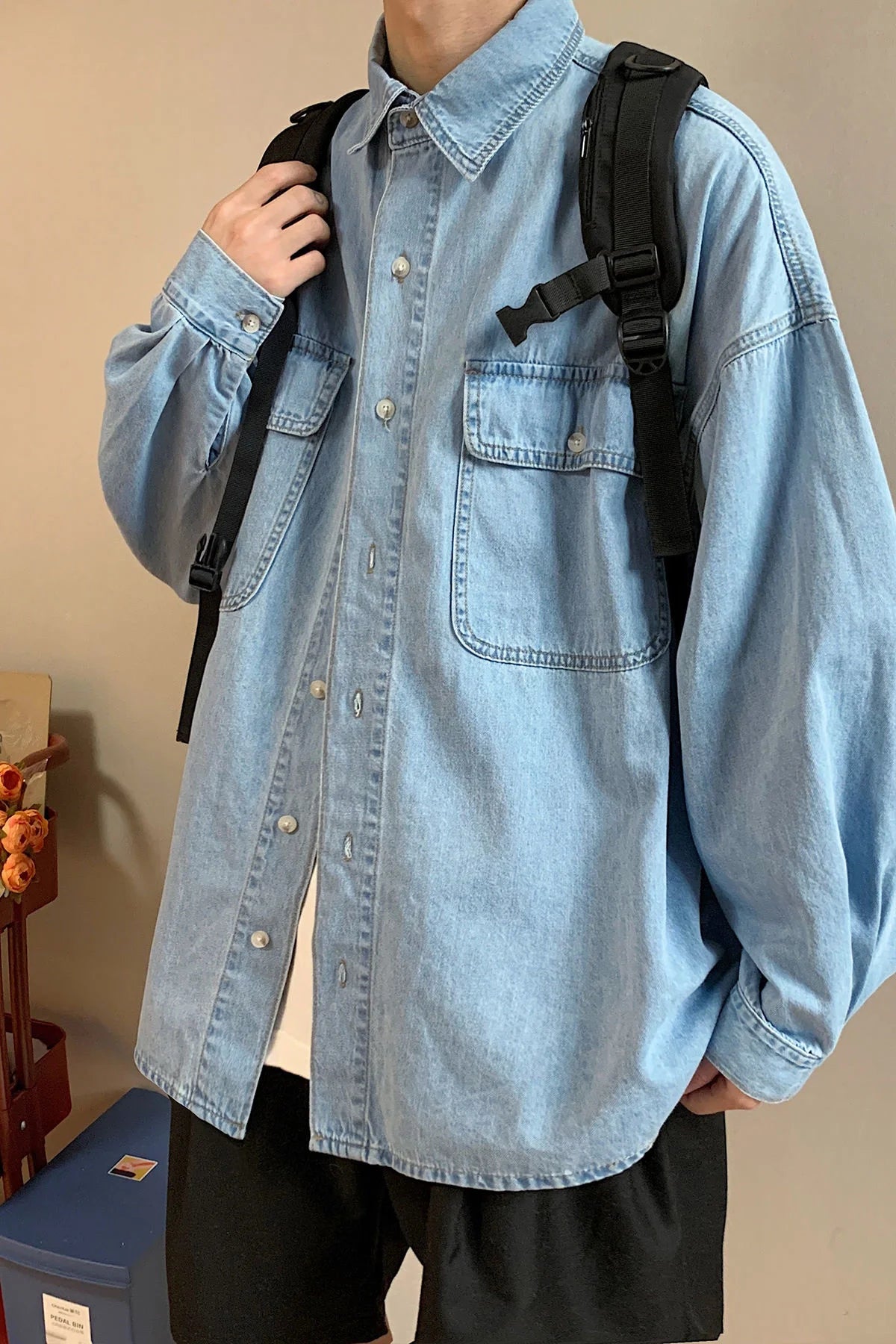 Threebooy Men's Long Sleeve Classic Hawaiian Cargo Shirts Pocket Loose Denim Shirts Fashion Trend Coats Blue Color Camisa Masculina