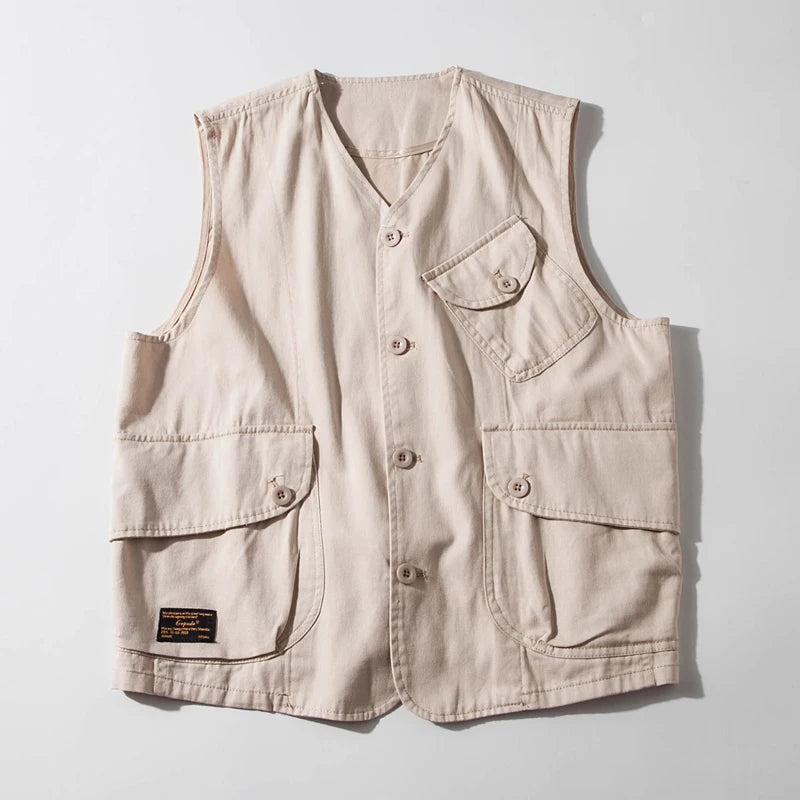 Threebooy  Janpanese Styles Men’s Workwear Vest Outdoor Lightweight Cargo Safari Fishing Vests Shooting Travel Cargo Vest with Pockets