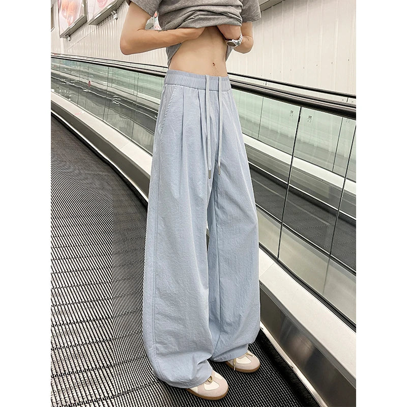 Threebooy Summer Pink Thin Pants Men Fashion Black Casual Pants Men Streetwear Hip-hop Loose Wide Leg Pants Mens Ice Silk Trousers