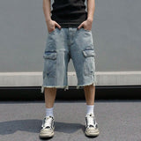 Threebooy Korean Fashion Men's Wide Leg Denim Shorts Summer New Fashion Loose Casual Elastic Waist Large Pocket Cargo Men's Jeans Shorts