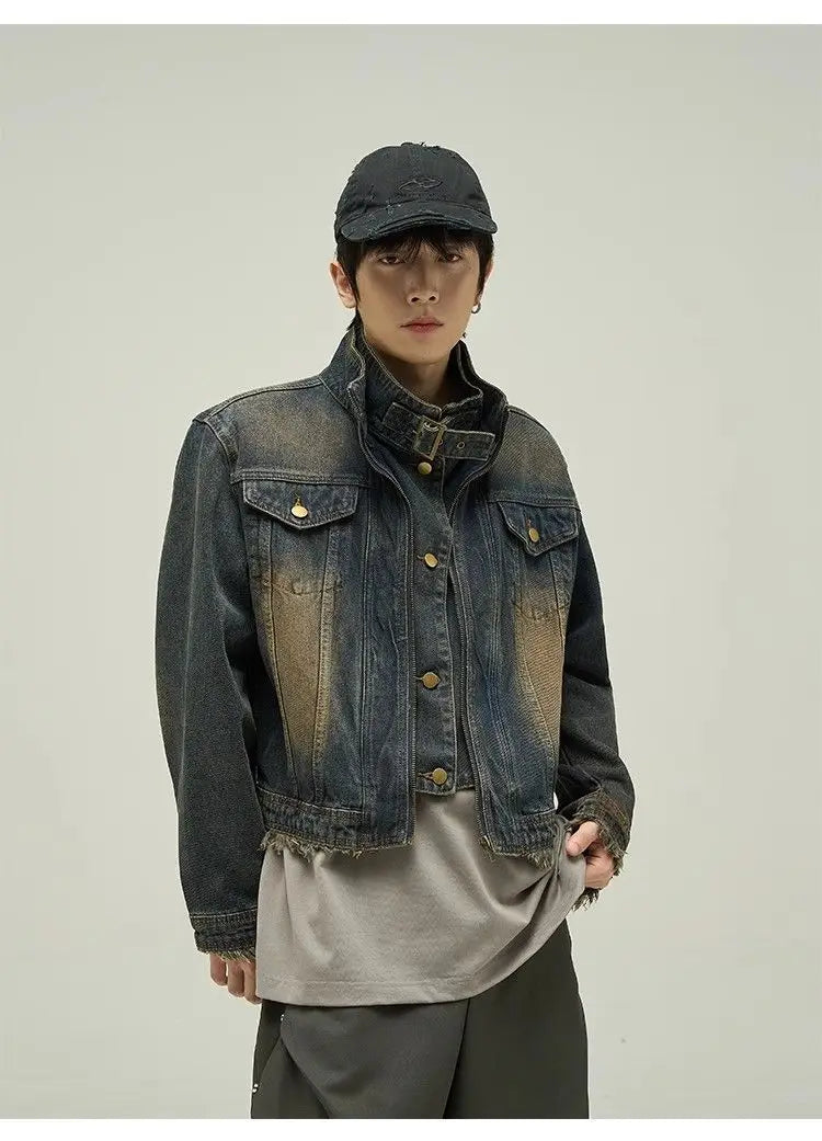 Threebooy Vintage Denim Jacket Man Woman Short Zipper Single Breasted Cowboy Crop Coats Blue Washed Stand Collar Unisex Jeans Outerwear
