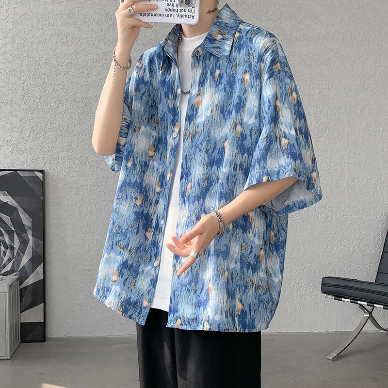 Threebooy Men Ice Silk Smooth Shirt Spring Summer Thin Luxury Loose Korean Casual Shirt Beach Trendy Floral Draping Shirts Plus Size 5XL-M
