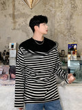 Threebooy Wide Streetwear Open Shoulder Zipper Fake Two Pieces Stripe Long Sleeve Top Men's Loose Long Sleeved T-shirt Spring