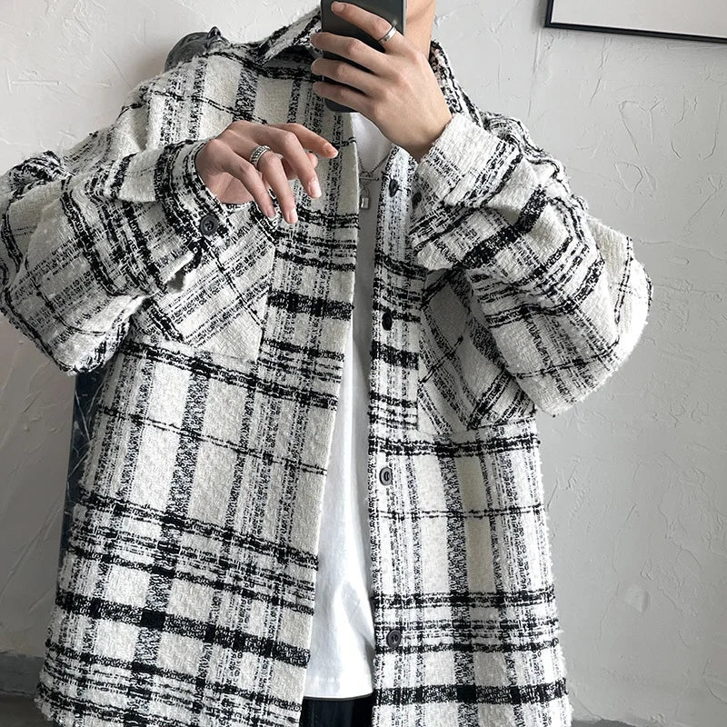 Threebooy Autumn Plaid Woolen Coat Men Fashion Retro Casual Oversized Woolen Jacket Men Korean Loose Woolen Shirt Mens Overcoat M-2XL