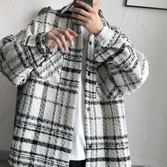 Threebooy Autumn Plaid Woolen Coat Men Fashion Retro Casual Oversized Woolen Jacket Men Korean Loose Woolen Shirt Mens Overcoat M-2XL