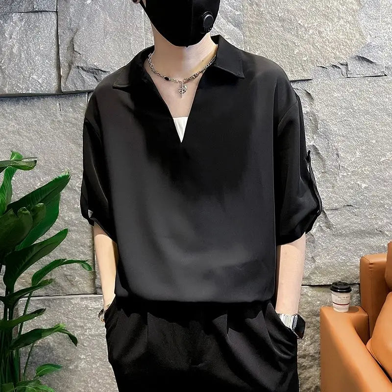 Threebooy  High-end Handsome Thin Casual and Personalized Five-point Sleeve POLO Shirt Men's Summer Trendy Niche Fashion Versatile Shirt