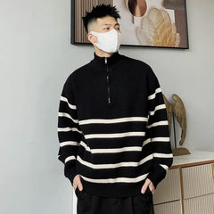 Threebooy Men's Business Zip-up Knit Sweater Male Coat Zipper Striped Jacket Collared Pullovers Casual T Shirt Korean Fashion Neck