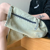 Threebooy Summer High Street Vibe Jeans Fashion Retro Street Stitching Zipper Denim Shorts Street Hip-hop Men Straight Wear White Pants