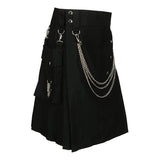 Threebooy Summer Fashion Utility Kilt with Silver Chains Black Skirt Bottom Men's Scottish Festival Skirts Punk Rock Metal Pendant Pleated Skirt