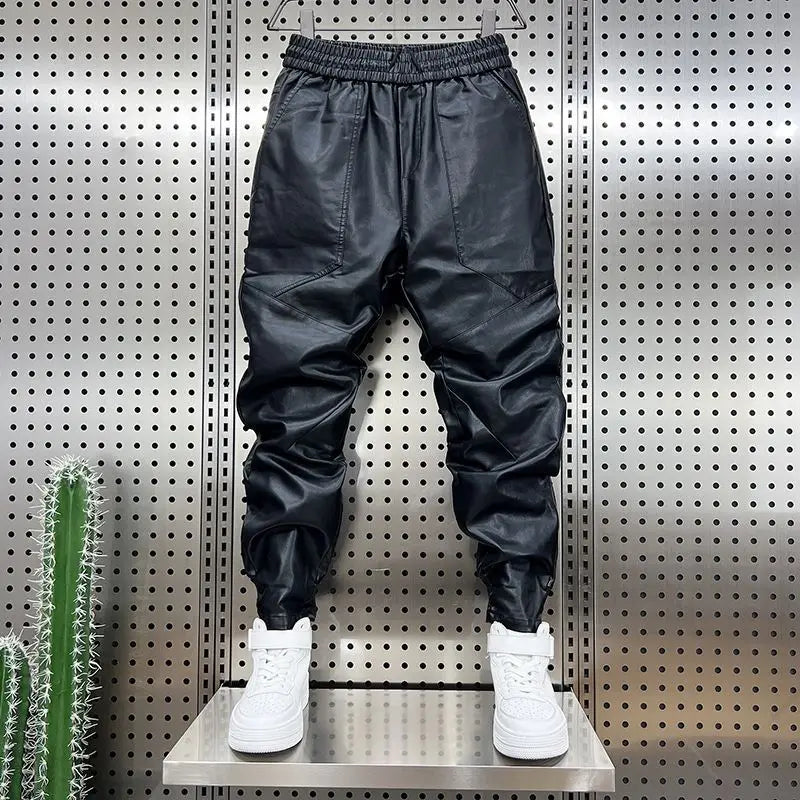 Threebooy Winter Velvet Leather Pants Unisex Thick Casual Pants Trendy PU Leather Tying Pants Streetwear New Motorcycle Trousers