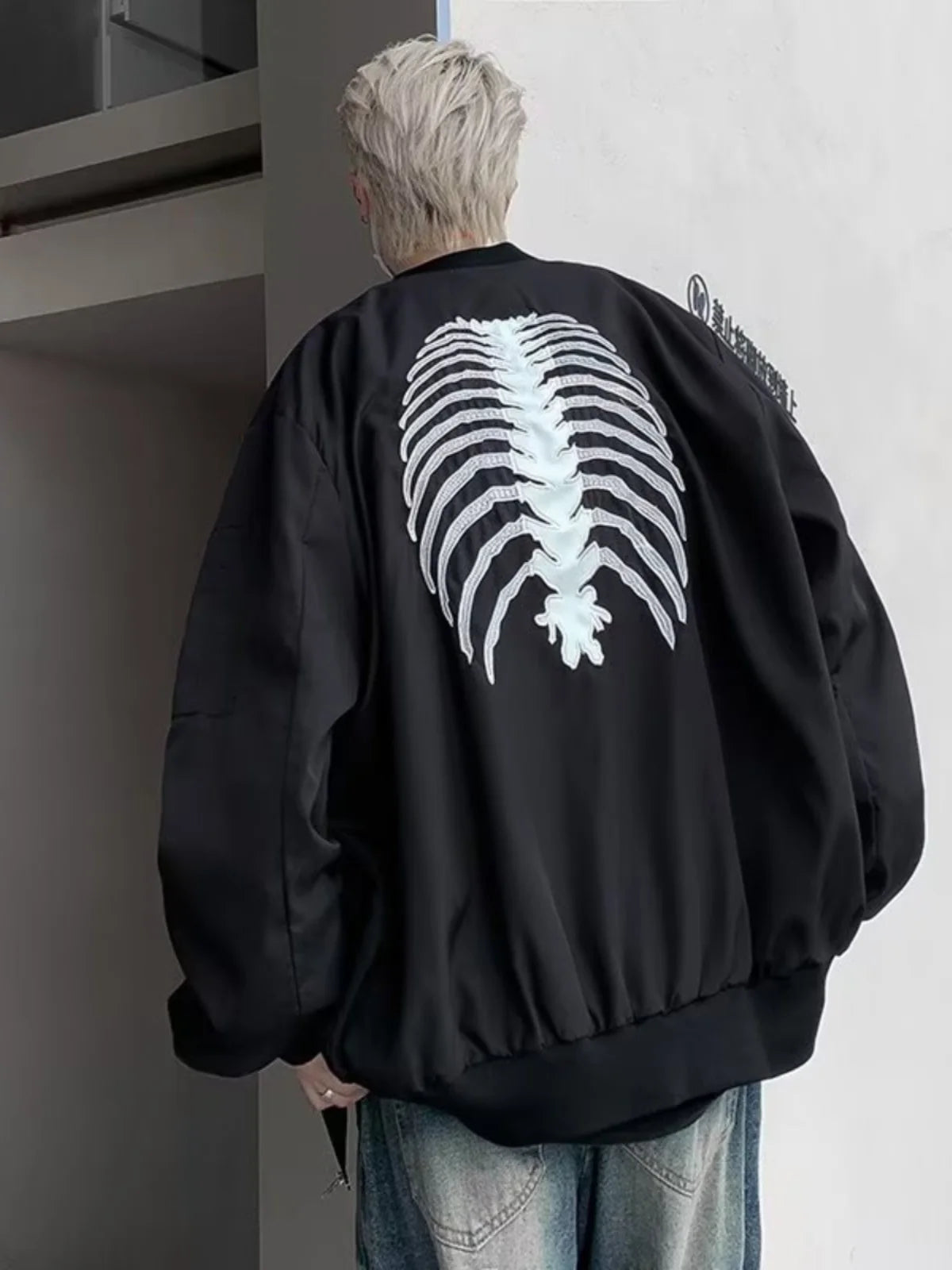 Threebooy American High Street Hiphop Skeleton Embroidered Baseball Coat Men's Autumn Fashion Brand Dark Black Pilot Jacket fall