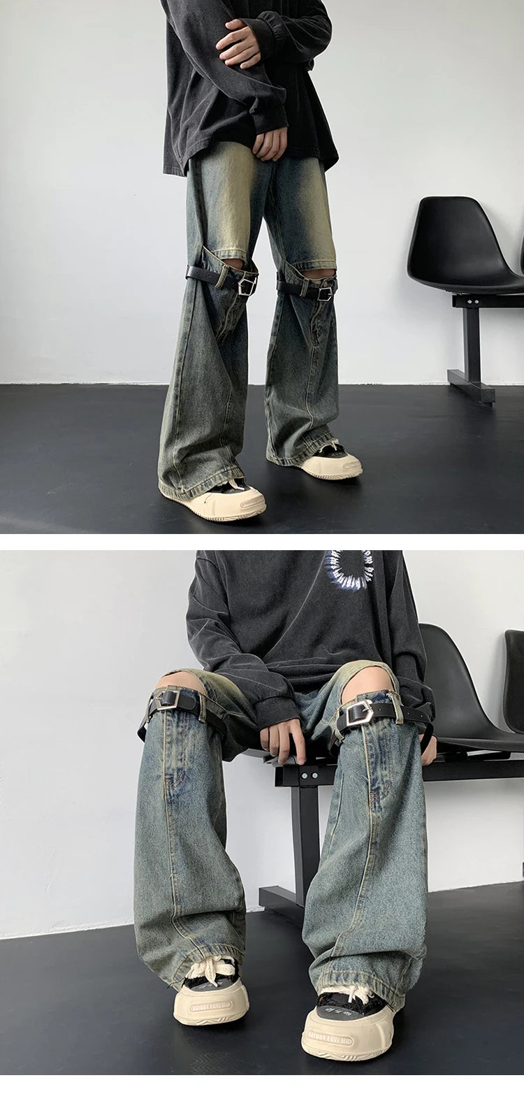 Threebooy Men's Jeans Retro Trousers Knee Holes Splicing High Street Loose Denim Trousers Flared Jeans Straps Cowboy Casual Long Pants