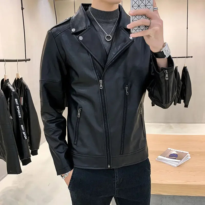 Threebooy Men's Suit Jackets Black Coat Handsome Male Leather Blazer Simple Breasted Casual Gentleman Clothing Korean Style Clothes Spring