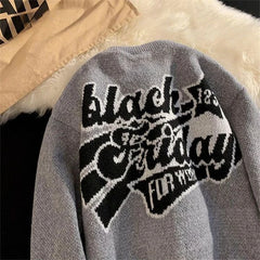 Threebooy Retro Embroidery Sweater Men Women Autumn Winter Thick American Vintage Letter Pullover High Street Loose Knit Sweater Jacket