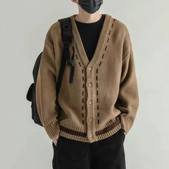 Threebooy Autumn Winter V-neck Sweater Cardigan Men's Casual Loose Fitting Thread Jacket Japanese Trend Korean Version Knitted Sweater