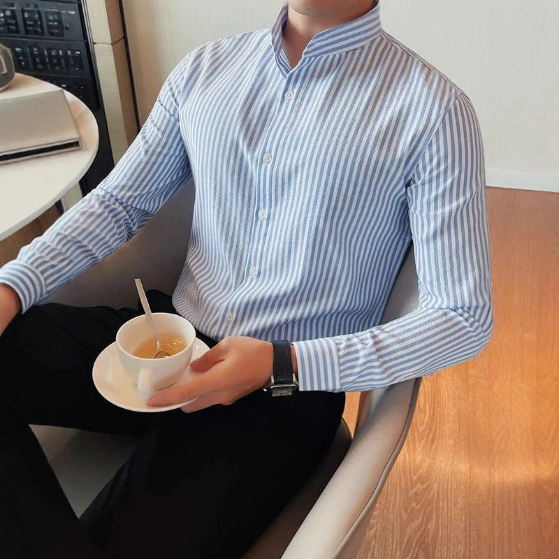 Threebooy  New Naples Business Men Shirts Luxury Textured Stand Collar Striped Long Sleeve Cardigan Leisure Premium Commuter Blouse M-3XL