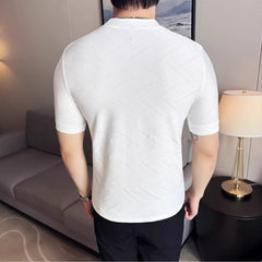 Threebooy  Men's Semi High Neck Short Sleeved T-shirt for Spring and Summer Fashionable and Versatile Slim Fit Jacquard T-shirt