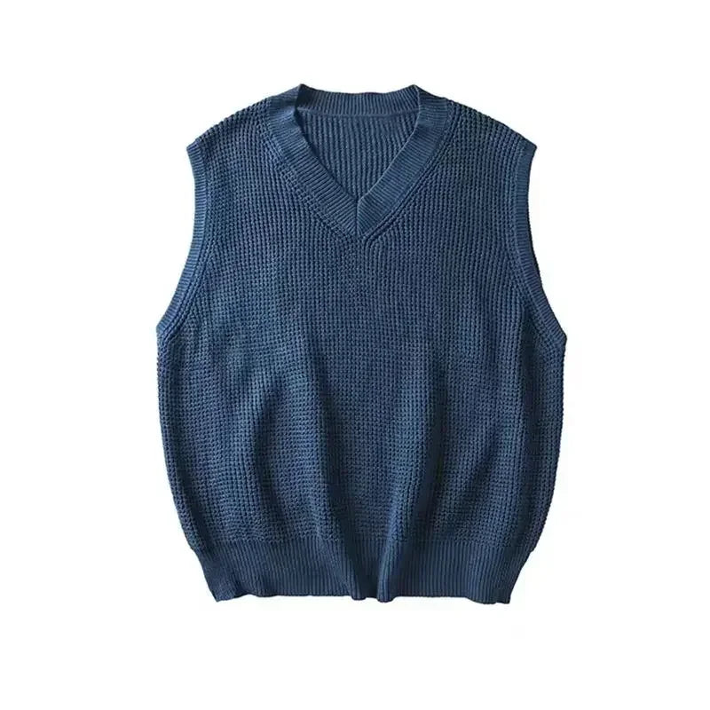 Threebooy Men's Clothing Solid Color Vest V Neck Waistcoat Knit Sweater Male Plain Blue Baggy Sleeveless Korean Style Spring Autumn 2024 X