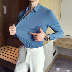 Threebooy  Men Spring High Quality Business Dress Shirts/Male Slim Fit High Elastic Force Long Sleeve Shirts Size S-4XL