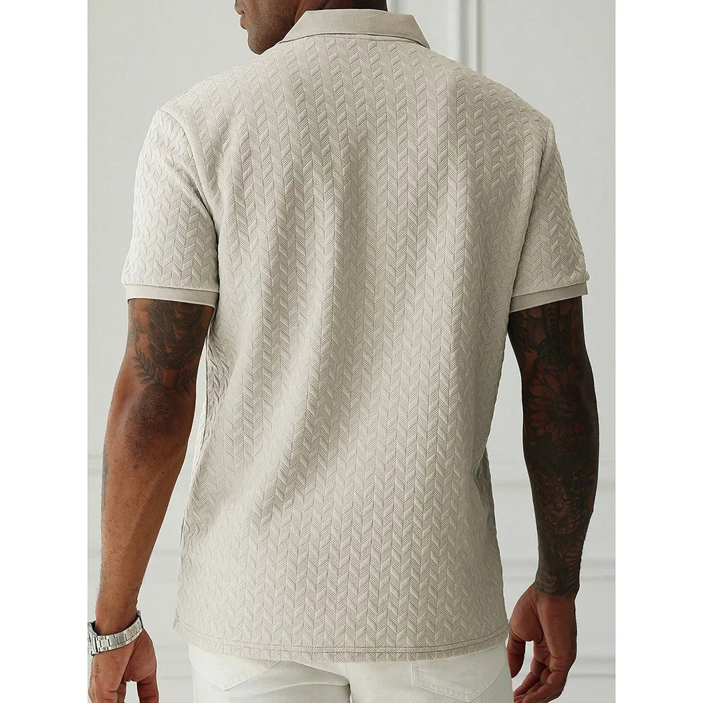 Threebooy  Men's Heavyweight Polo Shirt Spring Summer Short-sleeved Jacquard T-shirt Turn-down Collar Casual Fashion Button Male Clothing