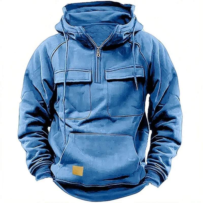 Threebooy Spring Autumn New Men's Hooded Solid Color Sweatshirt Multi Pocket Leather Patch Sports Coat