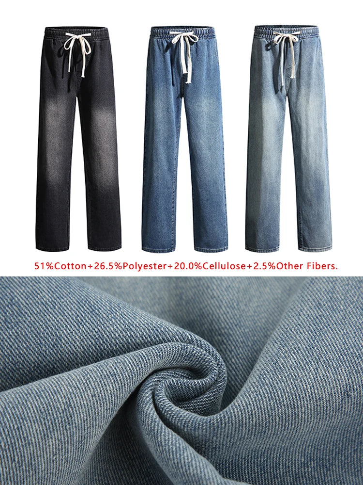 Threebooy  Men's Spring Summer Semi-Wide Leg Jeans Korean Fashion Washed Cotton Casual Denim Pants Black Blue Straight Trousers