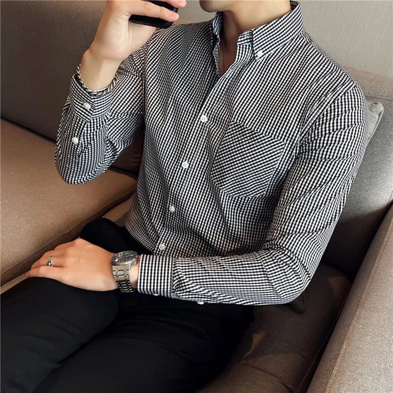 Threebooy  Men Spring High Quality Business Long Sleeve Shirts/Male Slim Fit Fashion Plaid Office Dress Shirts Plus Size S-4XL