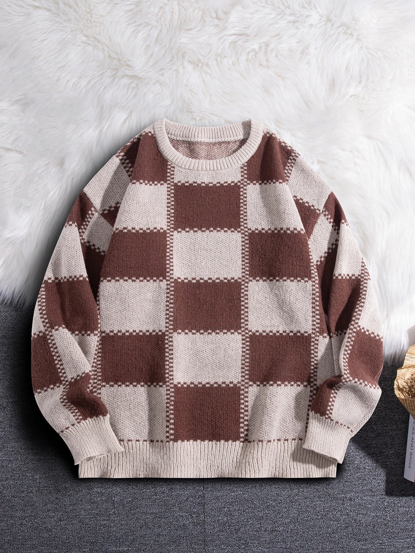 Threebooy New Popular Autumn Winter Plaid Jacquard Pattern Pullover Sweater Casual Round Neck Contrast Color Knitted Men's Pullover