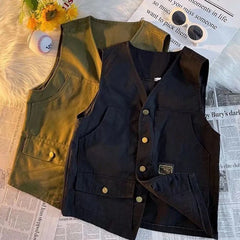 Threebooy  Japanese Retro Multi-pocket Workwear Vest Men Women in Summer Hong Kong Style Loose Versatile Waistcoat Sleeveless Vest Cityboy