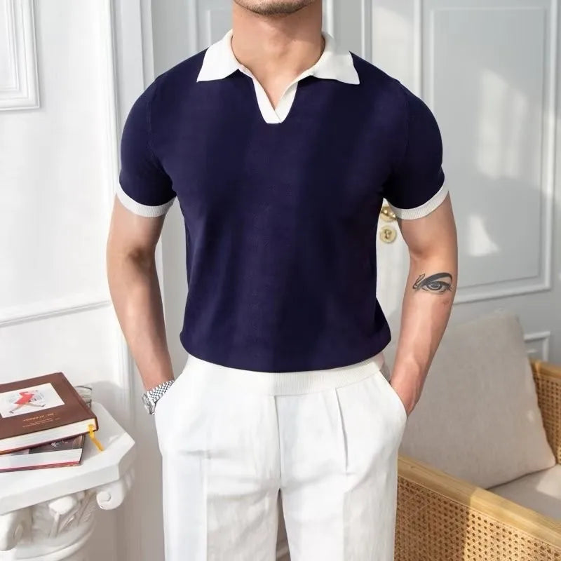 Threebooy  New Trend Men Business Polo Shirt Light Luxury Popular Slim V Neck T-shirt Leisure Patchwork Short Sleeve Tops Retro Knitwear
