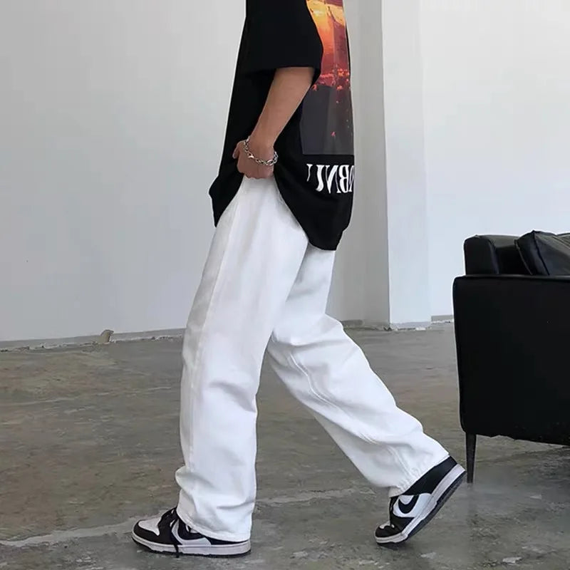 Threebooy  Wide Leg Jeans Men Fashion Casual White Jeans Men Streetwear Korean Loose Hip-hop Straight Jeans Mens Denim Trousers M-3XL