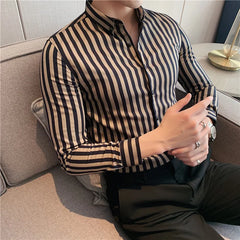 Threebooy  Masculina Spring Shirts Men Dress Vertical Stripe Streetwear Slim Men Shirt Casual Long Sleeve Chemise Homme Tuxedo Shirt