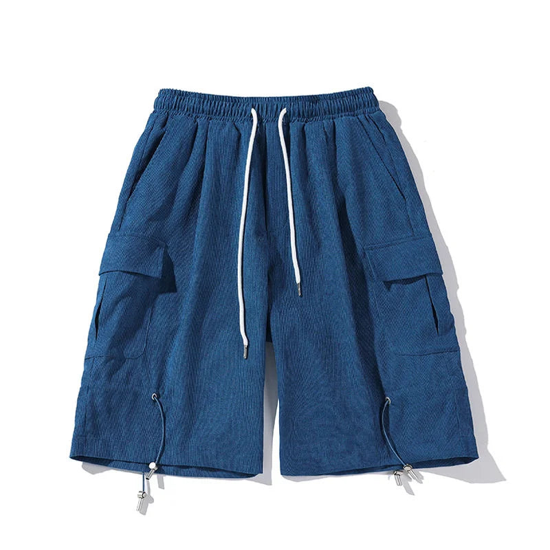 Threebooy Solid Loose Shorts Summer Straight Wide Leg Casual Pants Oversize Simple Fashion Pocket Drawstring Five Points Pleated Pants Men