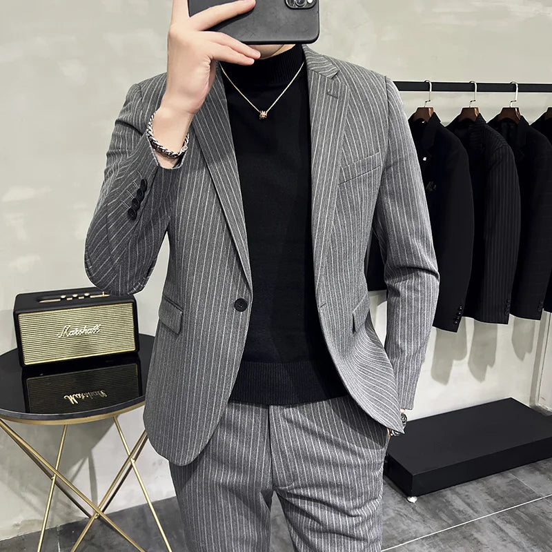 Threebooy (Jacket Pants) Stripe Suits for Men2-Piece Business Khaki Wedding Best Dress Man Tuxedo Slim Fit Formal Blazer Set Custom M-5XL