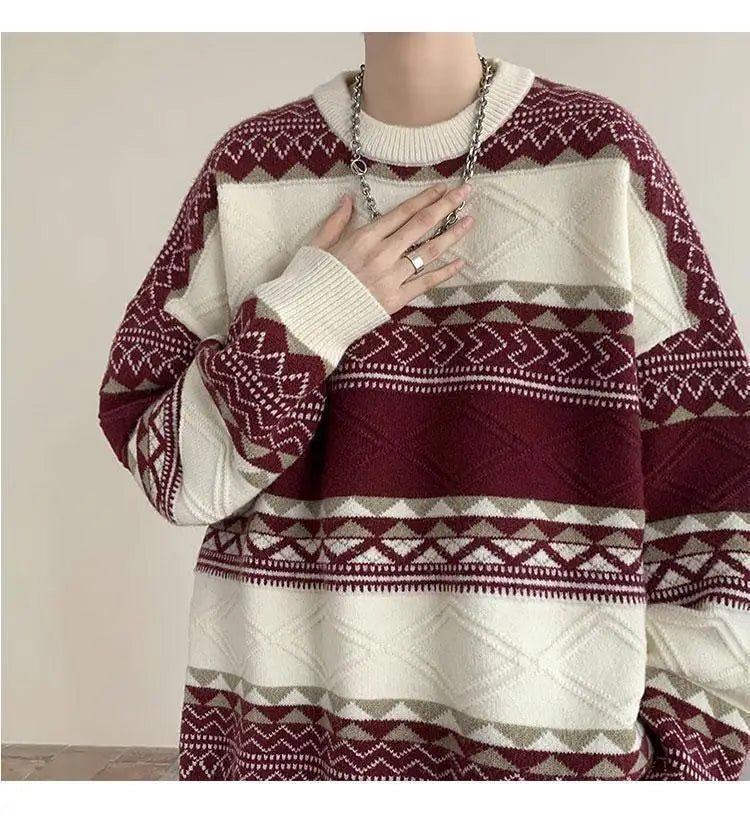 Threebooy Autumn and Winter Round Neck Sweater for Men Casual Trendy Brand Streamer Lazy Style Contrast Striped Knitted Sweater