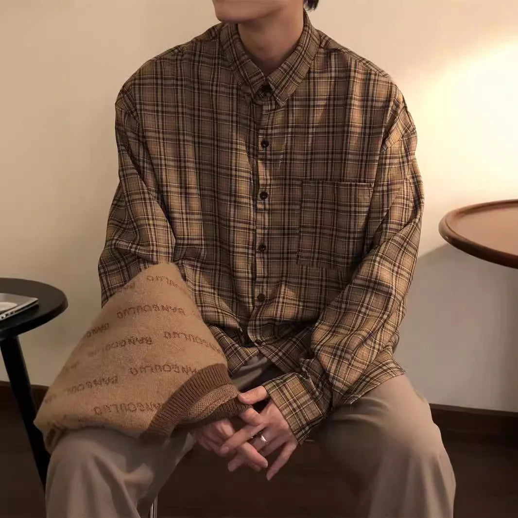 Threebooy Men's Fashion Coffee Checkered Long Sleeved Shirt Blouse Spring Autumn Elegant Loose Shirt Jacket