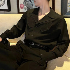 Threebooy Men French Solid Color Business Two-Piece Set Autumn Genderless Youth Trend Elegant Long-Sleeve Shirt Straight Pants Suit Unisex