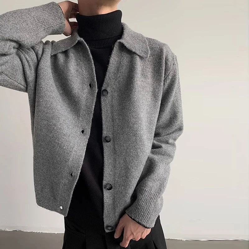 Threebooy  New Korean Fashion Men Cardigan Jacket Light Luxury Knitted Polo Neck Long Sleeve Sweater Coat Casual Retro Solid Color Knitwear