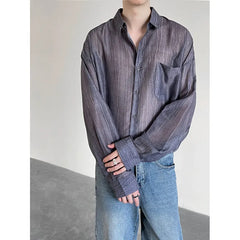 Threebooy Spring Summer Ice Silk Striped Shirts Men Korean Fashion Simple Long Sleeve Turn Down Collar Blouse Casual Loose Thin Tops