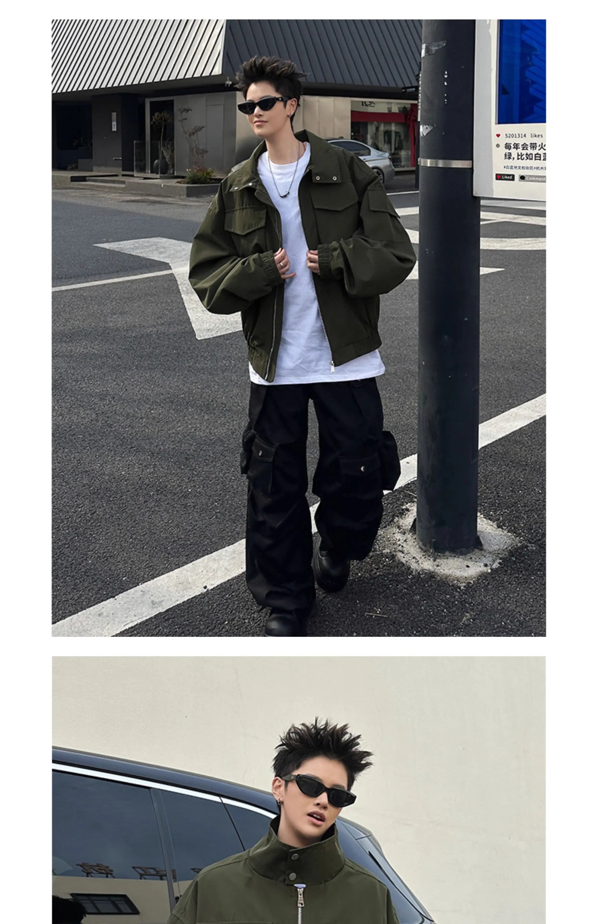 Threebooy Outdoor Work Jacket Men's Spring Autumn American Retro Zipper Coat Silhouette Bomber Handsome High Street Flying Work Jacket