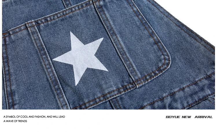 Threebooy American Retro Star Splashing Print Denim Overalls Korean Style Fashion High-end Solid Color Jumpsuits Aesthetic All-match Chic