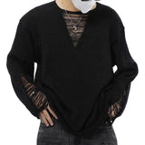 Threebooy Autumn Mens Disruptive Style V-Neck Hollow Sweater New Trendy High Street Loose Sexy Solid Breathable Holed Top For Men