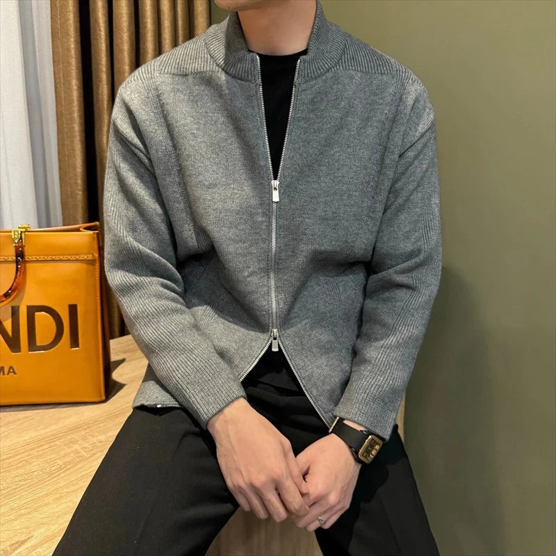Threebooy  Japanese Stand Collar Men Cardigan Jacket Light Luxury Trendy Knitted Zip-up Long Sleeve Sweater Coat Premium Quality Knitwear