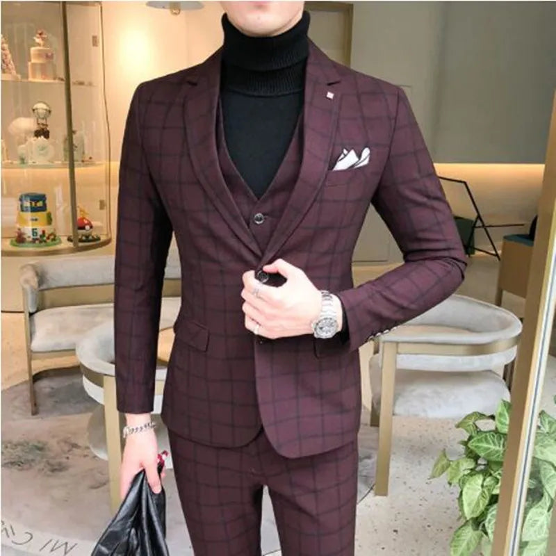 Threebooy (Jacket+Vest+Pants) Men Dress Suits British 3Piece Men Wedding Suit Autumn Men Business Formal Plaid Suit Male Luxury Slim Dress