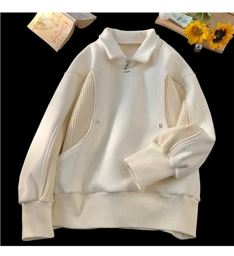 Threebooy American autumn and winter street fashion personalized stand up collar half zipper couple loose retro casual Harajuku top y2k