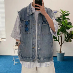 Threebooy Denim Sleeveless Jacket Men Fashion Oversized Harajuku Denim Jeans Casual Jeans Waistcoat Cowboy Hip Hop Streetwear Clothing